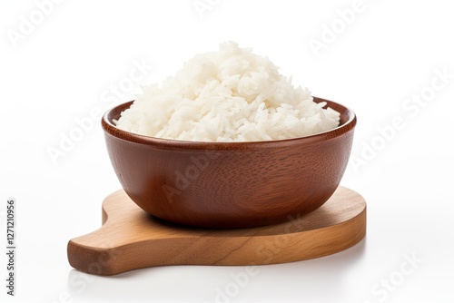 White background with a wooden cup containing rice