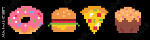 Fast food pixel art icons set in retro 8 bit, 80s, 90s video games style isolated on black background. Vector design element.