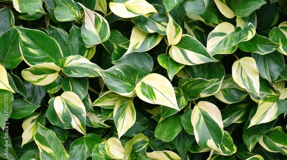 Lush greenery of variegated Devil's Ivy leaves in a close-up view Lush greenery of variegated Devil's Ivy leaves in a close-up view