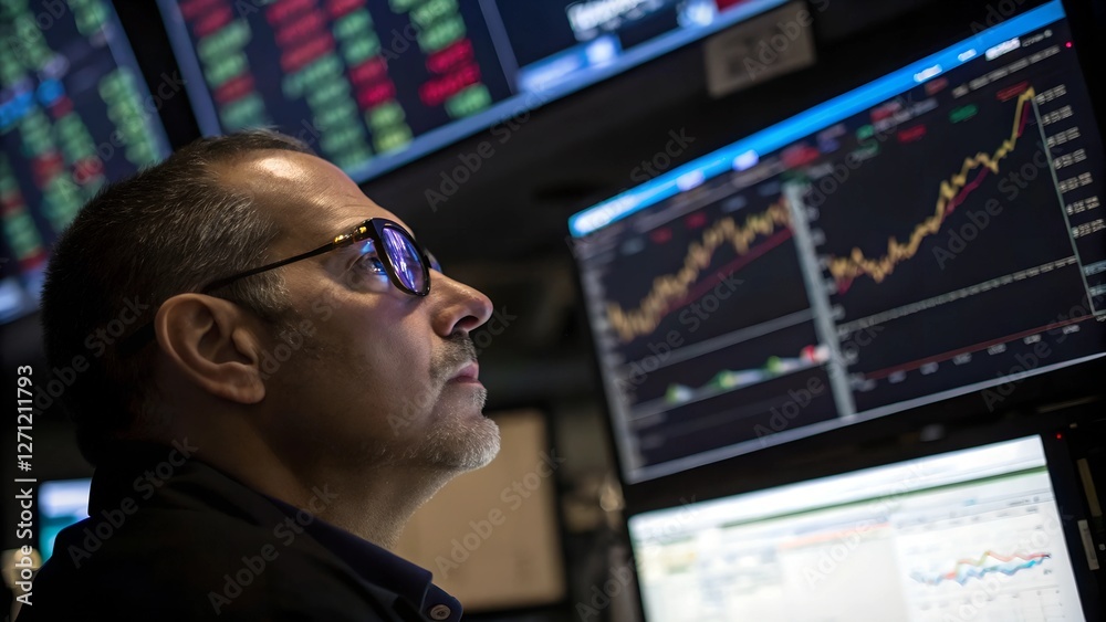 Stock Trader Analyzing Market Charts on Multiple Screens Stock Trader Analyzing Market Charts on Multiple Screens