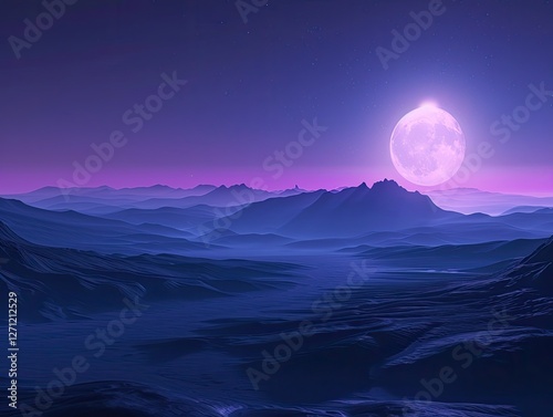 Surreal landscape with a luminous moon rising over distant mountain ranges photo