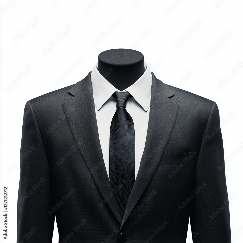 A hyper-realistic high-resolution image of a headless business suit featuring a dark charcoal blazer white dress shirt and black tie isolated on a pure white background. A hyper-realistic high-resolution image of a headless business suit featuring a dark charcoal blazer white dress shirt and black tie isolated on a pure white background.