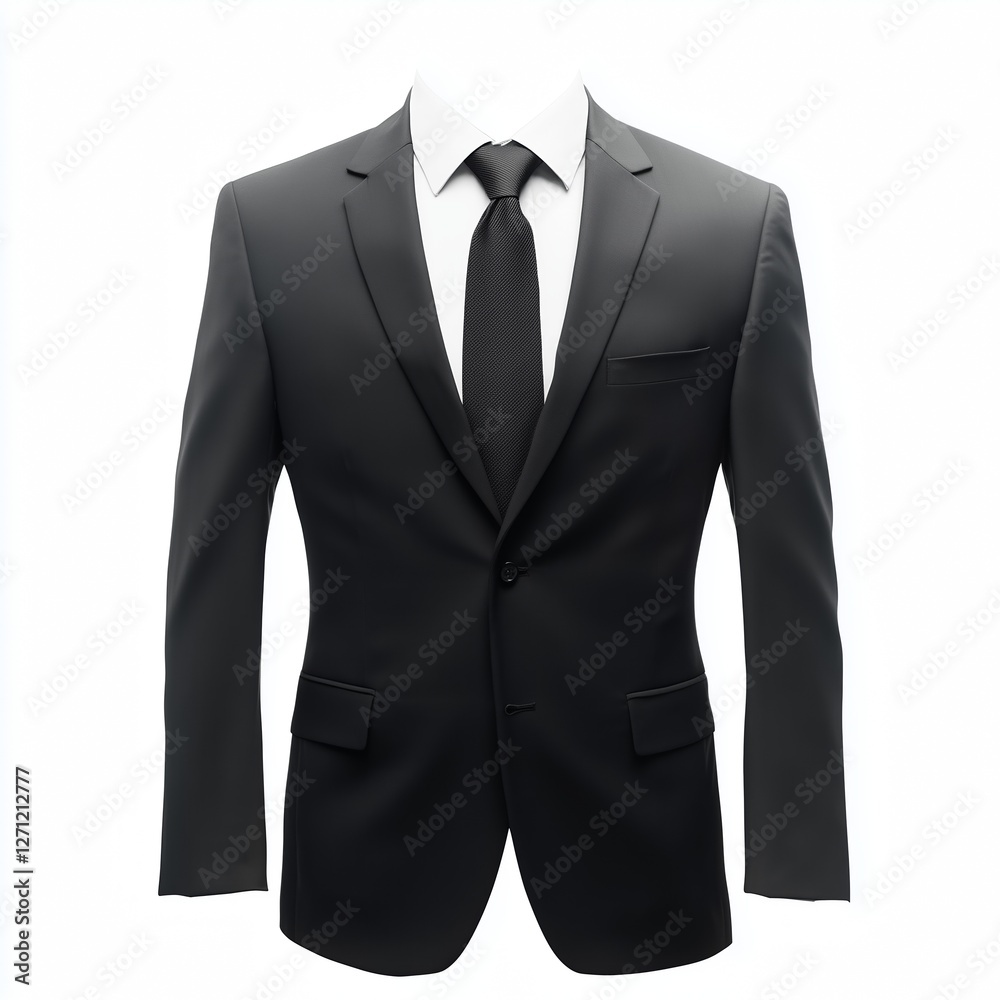A hyper-realistic high-resolution image of a headless business suit featuring a dark charcoal blazer white dress shirt and black tie isolated on a pure white background. A hyper-realistic high-resolution image of a headless business suit featuring a dark charcoal blazer white dress shirt and black tie isolated on a pure white background.
