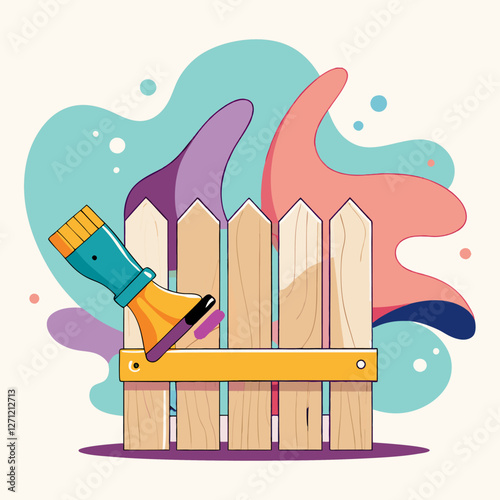 Una brocha con pintura descansa sobre un cerco de madera, con un fondo abstracto de colores vibrantes. La imagen representa renovación y mantenimiento.

