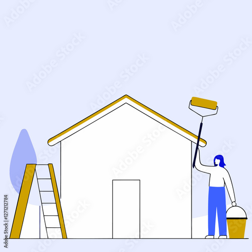  Un trabajador con un rodillo de pintura y un balde aplica color en la fachada de una casa blanca. La imagen tiene un estilo minimalista y moderno.
