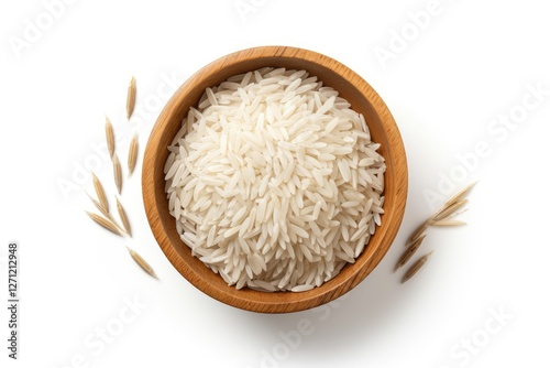 Wallpaper Mural White rice and paddy rice in wooden bowl with rice ear seen from above on white backdrop Torontodigital.ca