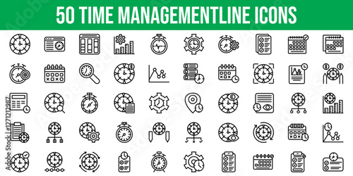 Set of 50 Outline Icons Related to Time Management. Line Icon Collection. Editable stroke. Vector illustration