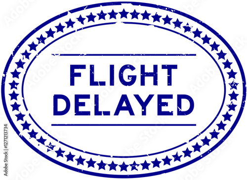 Grunge blue flight delayed word oval seal stamp on white background