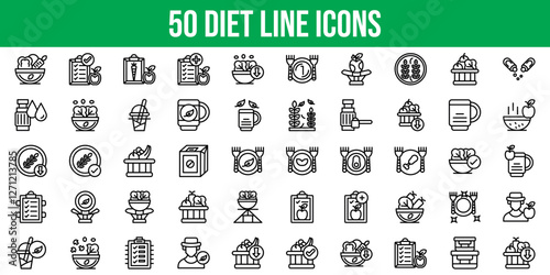 Set of 50 Outline Icons Related to Diet. Line Icon Collection. Editable stroke. Vector illustration