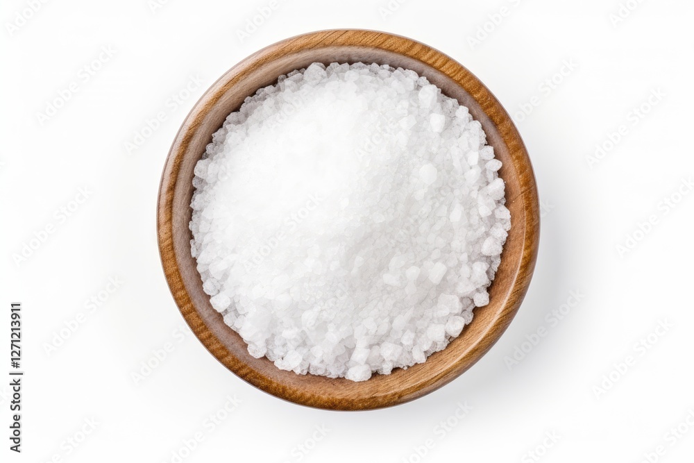 White table salt in a bowl isolated on a white background from a top perspective White table salt in a bowl isolated on a white background from a top perspective