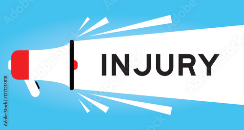 Color megaphone icon with word injury in white banner on blue background