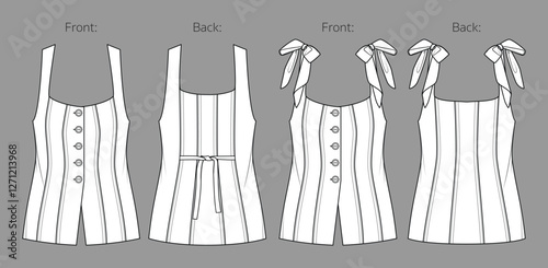 Vector sleeveless jacket with shoulder ties and buttons fashion CAD, tailored woman long vest technical drawing, template, flat, sketch. Linen or woven fabric vest with front, back view, white color