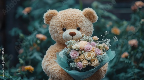 Teddy bear holding a bouquet of flowers in a vibrant garden setting during daylight hours