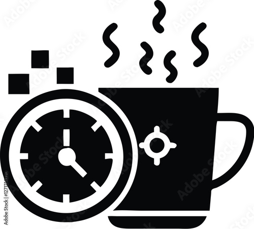 Coffee break, office routine, steaming mug, alarm clock icon, time management, black and white illustration, minimalist design, flat graphic style, productivity symbol, workplace essentials, simplifie