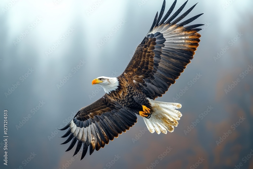 Fototapeta premium Majestic Bald Eagle Gliding Through Misty Forest Landscape