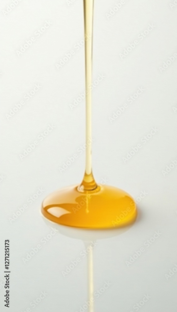 A single small droplet of pure golden honey falls gently on a clean white surface, white, liquid A single small droplet of pure golden honey falls gently on a clean white surface, white, liquid