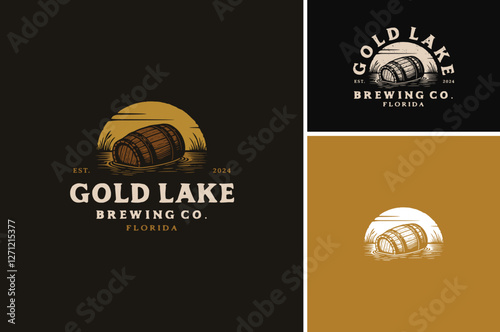 Floating Wooden Cask on the grass lake or swamp. Old Rustic Beer Barrels Adrift in the River for Vintage Bar Pub or Brewing Brewery logo design
