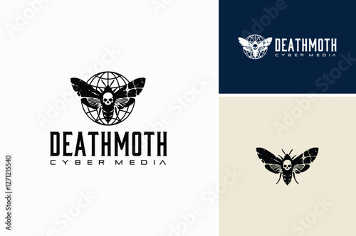 Rustic Design of Death Head Moth Skull with Globe Wireframe for Worldwide Global Cyber Media Logo