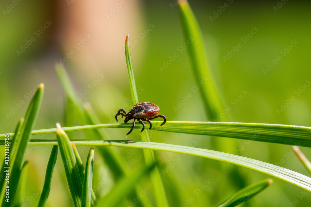 Detailed close-up of a tick crawling on green grass under natural light highlighting its features and environment Detailed close-up of a tick crawling on green grass under natural light highlighting its features and environment