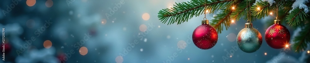 Winter wonderland scene with hanging ornaments on an evergreen branch, decorations, branch Winter wonderland scene with hanging ornaments on an evergreen branch, decorations, branch