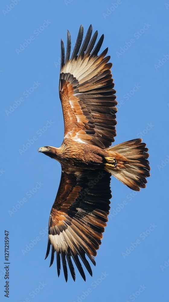 Obraz premium Majestic Golden Eagle Soaring Gracefully Against Clear Blue Sky