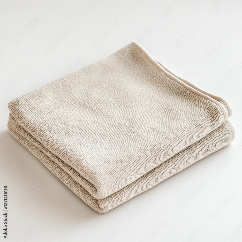 A realistic beige kitchen towel, neatly folded with natural fabric texture and subtle stitching, isolated on a clean white background.