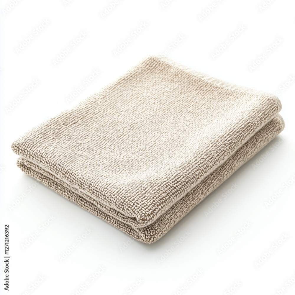 A realistic beige kitchen towel, neatly folded with natural fabric texture and subtle stitching, isolated on a clean white background. A realistic beige kitchen towel, neatly folded with natural fabric texture and subtle stitching, isolated on a clean white background.