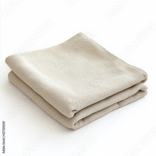 A realistic beige kitchen towel, neatly folded with natural fabric texture and subtle stitching, isolated on a clean white background.
