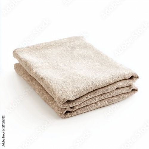 A realistic beige kitchen towel, neatly folded with natural fabric texture and subtle stitching, isolated on a clean white background.