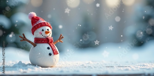 Whimsical snowman figurine on white wooden table in snowy landscape, whimsical, snowflakes