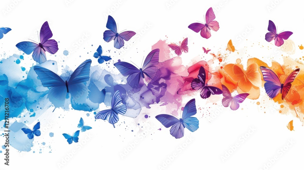 Fototapeta premium Butterfly illustration set with blue, purple, and orange tones, detailed wings on a clean white background
