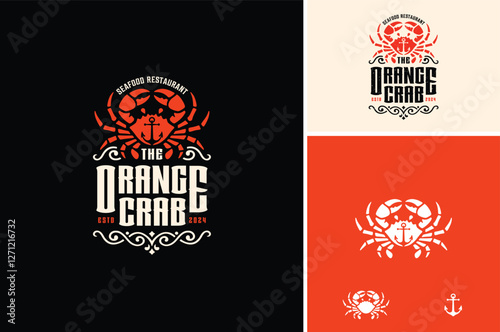An Artistic Orange Crab Claw Anchor with Ornamental Lettering for Seafood Label or Restaurant Logo Design