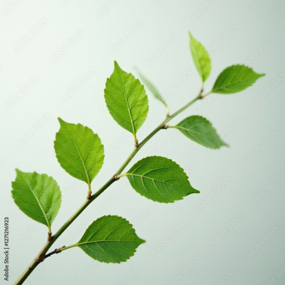 Branch with delicate leaves against a crisp white backdrop, leafy, modern, minimalist Branch with delicate leaves against a crisp white backdrop, leafy, modern, minimalist