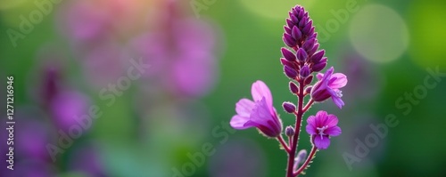 Delicate purple flowers on gypsywort plant stem, garden, flora photo