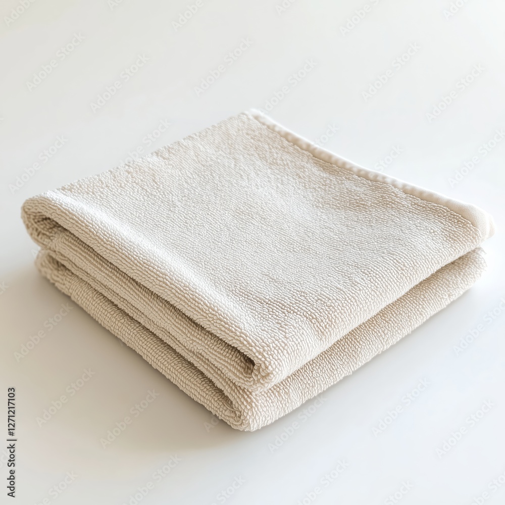 A realistic beige kitchen towel, neatly folded with natural fabric texture and subtle stitching, isolated on a clean white background. A realistic beige kitchen towel, neatly folded with natural fabric texture and subtle stitching, isolated on a clean white background.