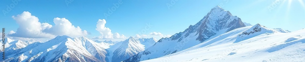 Obraz premium Serene snow-covered slopes of a majestic mountain under a clear blue sky with clouds, mountain, slope