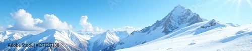 Serene snow-covered slopes of a majestic mountain under a clear blue sky with clouds, mountain, slope