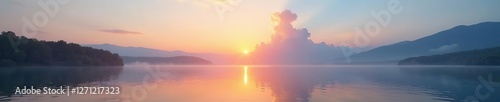 White cloud rises above a serene lake at dawn, calm, sunrises