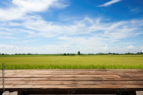 Wooden table on rice fields with blue sky empty photo