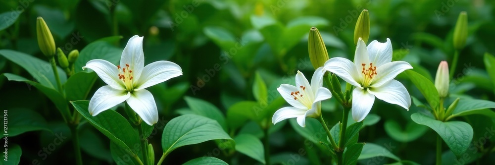 Dense green foliage with isolated white lily flowers in the foreground, foliage, overgrown Dense green foliage with isolated white lily flowers in the foreground, foliage, overgrown
