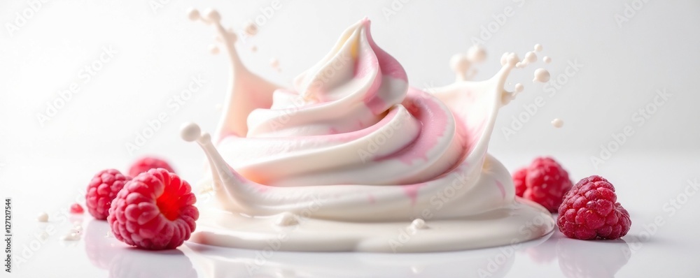 Delicate yogurt splash splashes against the stillness of pure white, , frozen raspberries, velvety yogurt Delicate yogurt splash splashes against the stillness of pure white, , frozen raspberries, velvety yogurt