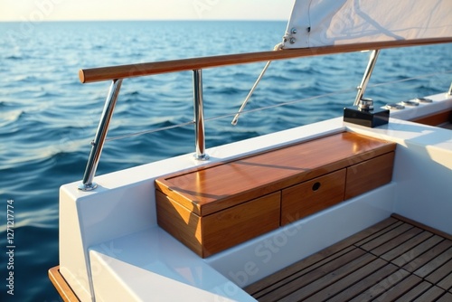 railing with attached storage box for sailing gear, padding, yacht, rail