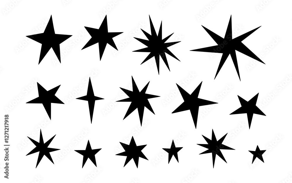 Obraz premium Handdrawn irregular stars set. Perfect for logos, prints, stickers, social media, and creative designs. Vector unique, artistic, and versatile sharp stars and sparkles, isolated on white background.