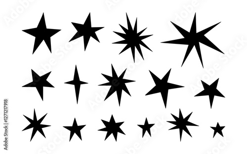Handdrawn irregular stars set. Perfect for logos, prints, stickers, social media, and creative designs. Vector unique, artistic, and versatile sharp stars and sparkles, isolated on white background.