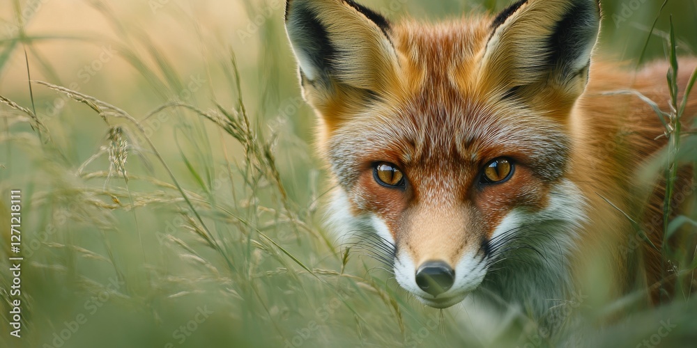 Fototapeta premium Red fox hiding in the grass stalking prey in united kingdom