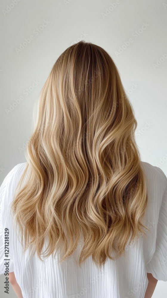 Naklejka premium Beautiful model girl with blond hair strand,silky healthy chestnut wavy hair strand,hair wavy ribbon, with smooth,Keratin straightening,Treatment,straight long hair,procedures,Smooth hairstyle.