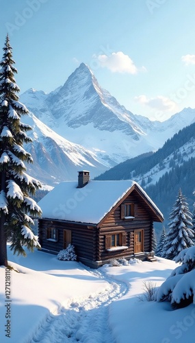 Wooden cabin with a sloping roof and chimney in the mountains, cabin, frosty photo