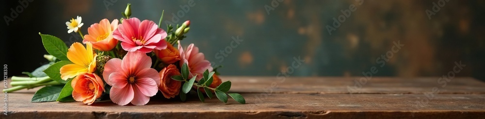 Exquisite wooden flower arrangement on wooden table, flowers, table, elegant Exquisite wooden flower arrangement on wooden table, flowers, table, elegant