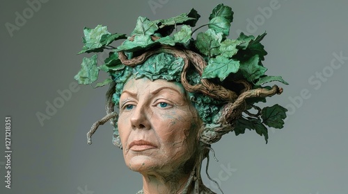 Portrait of a woman with a nature-inspired headdress made of leaves and branches, symbolizing harmony