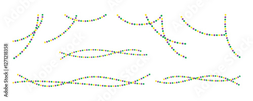 Decorative beaded corners. Mardi Gras frame elements - beads border lines, beaded jewelry. Set festive vector illustrations isolated on white background, for holidays invitations. Beads and Throws